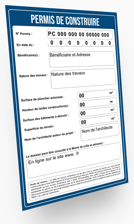 Panneau Permis de Construire - Classique Bleu